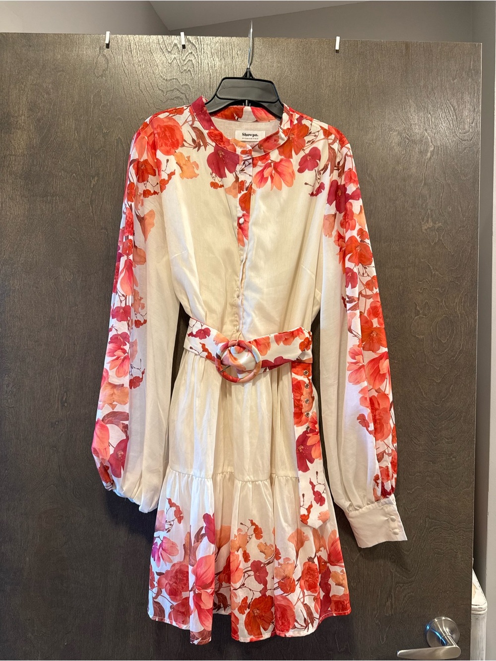 Showpo Floral Belted Long-Sleeve Mini Dress - Cream, Pink, Red